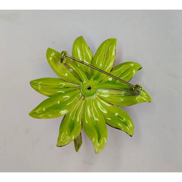 Vintage Enamel Orange Green Lily Flower Pin Brooch, 3D, Mod Retro Floral - Picture 7 of 7